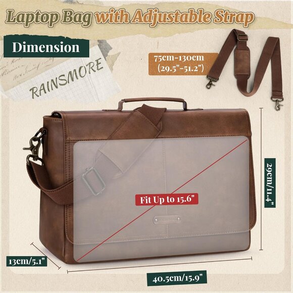 Men's Brown Pu Vintage Laptop Bag 15.6 Inch Waterproof Retro Satchel Briefcase - Picture 2 of 7